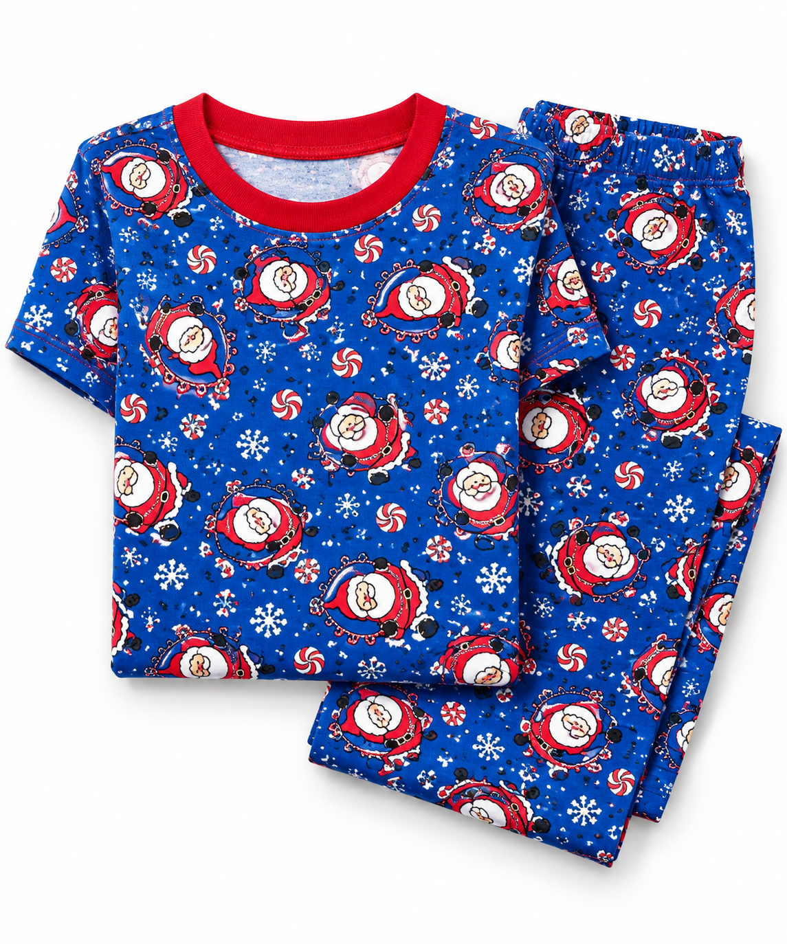 Pijama infantil navidad azul doblada, estampado azul con motivos navideños y cuello rojo.