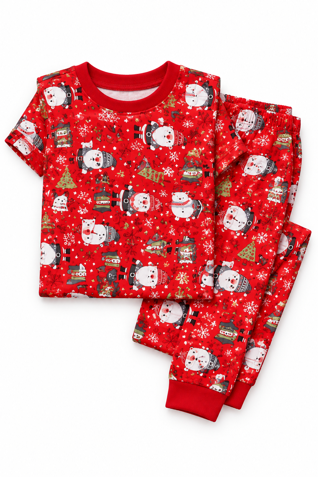 Pijama infantil navidad roja doblada, estampado rojo con personajes de navidad y cuello rojo.