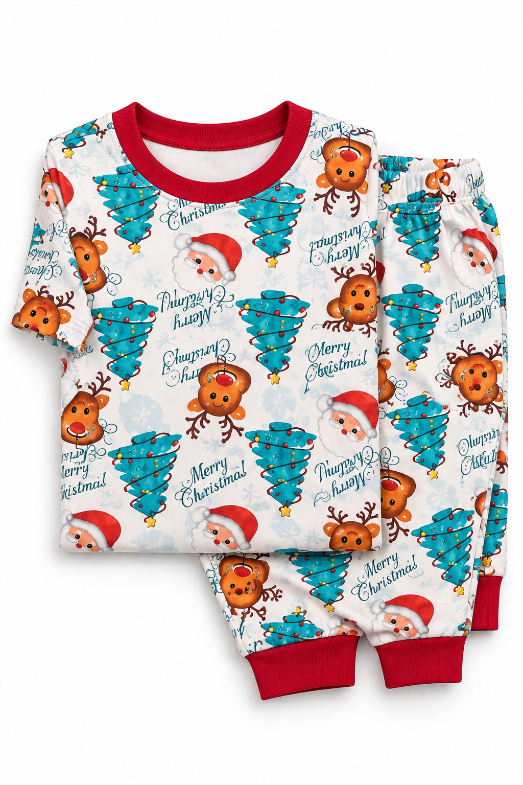 Pijama infantil árboles de navidad doblada, fondo claro con árboles, renos y detalles navideños; cuello rojo.