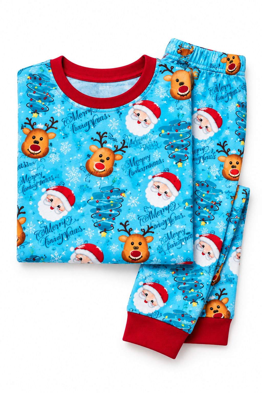 Pijama infantil navidad celeste doblada, estampado celeste con renos y santas; cuello rojo.