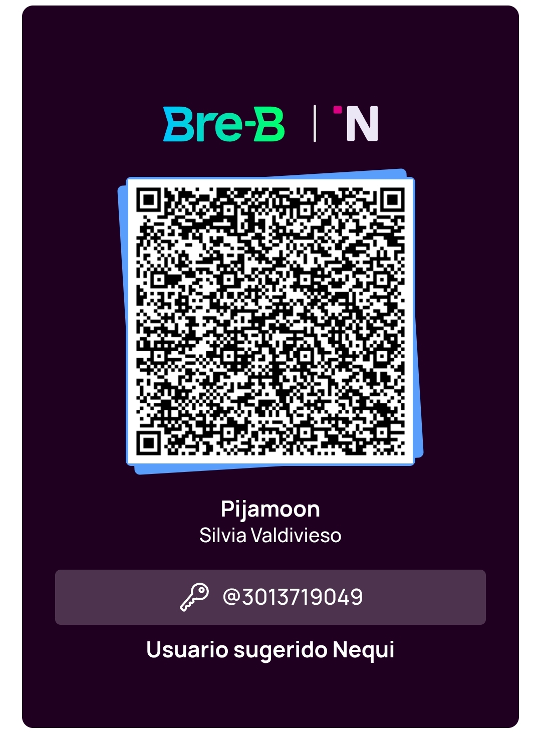 Código QR de Nequi de Pijamoon, a nombre de Silvia Valdivieso
